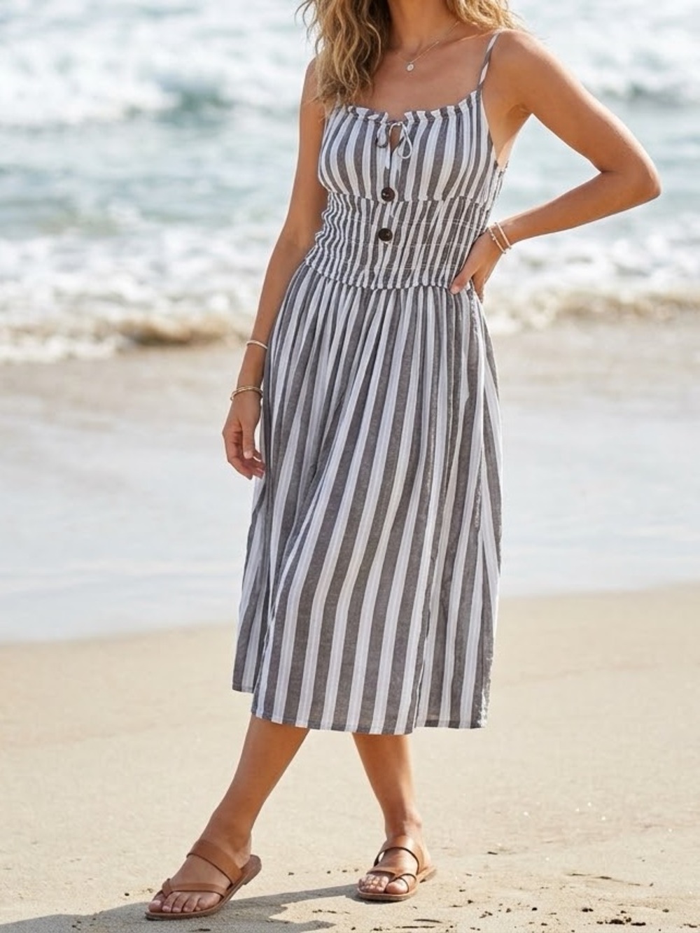 NWT Blue Island Women’s Striped Smocked Brown White Boho Midi Dress Size Small